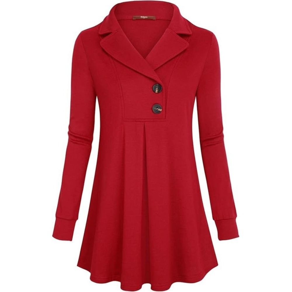 Gaharu Women's Notch Collar Long Sleeve Swing Tunic - Fiery Red - Medium